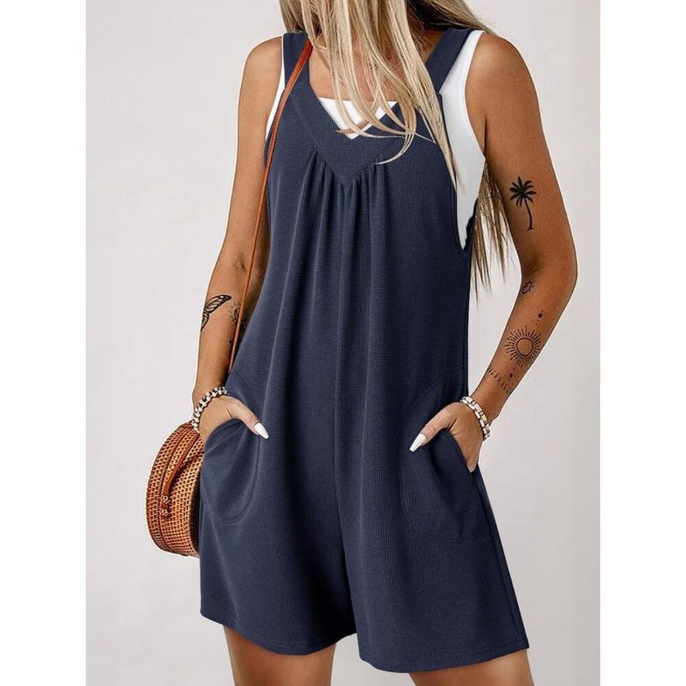Everyday the Label Waffle Knit Sleeveless Jumpsuit Women Dark Blue Jumpsuits &
